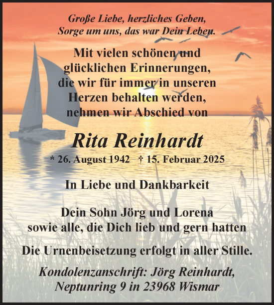 Traueranzeige von Rita Reinhardt von Mitteldeutsche Zeitung Mansfelder Land