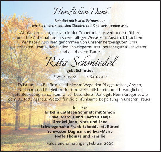 Traueranzeige von Rita Schmiedel von Trauerkombi Zeitz