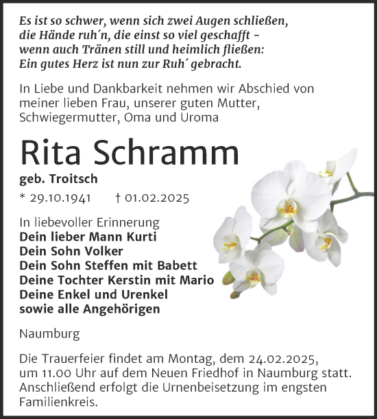 Traueranzeige von Rita Schramm von Naumburger Tageblatt