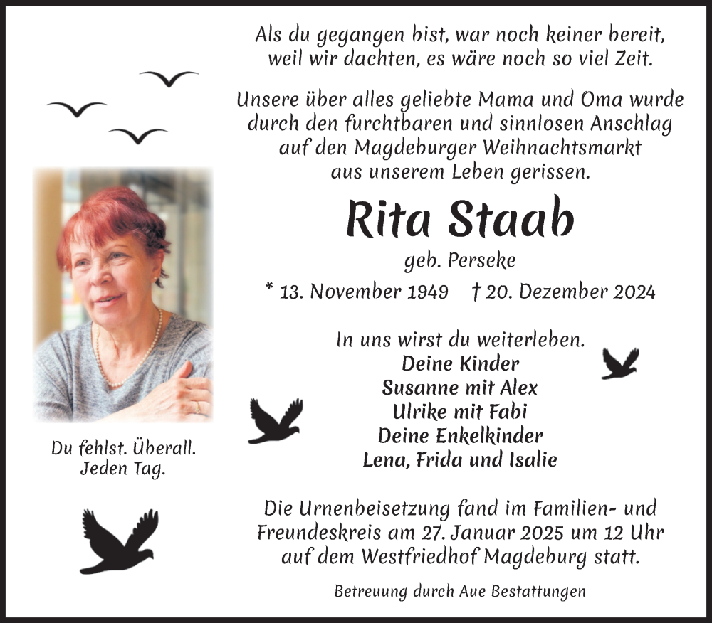  Traueranzeige für Rita Staab vom 01.02.2025 aus Volksstimme Magdeburg
