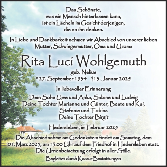 Traueranzeige von Rita Luci Wohlgemuth von Trauerkombi Quedlinburg