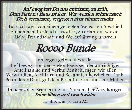 Traueranzeige von Rocco Bunde von Trauerkombi Quedlinburg