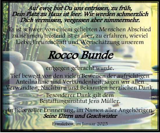 Traueranzeige von Rocco Bunde von Trauerkombi Quedlinburg