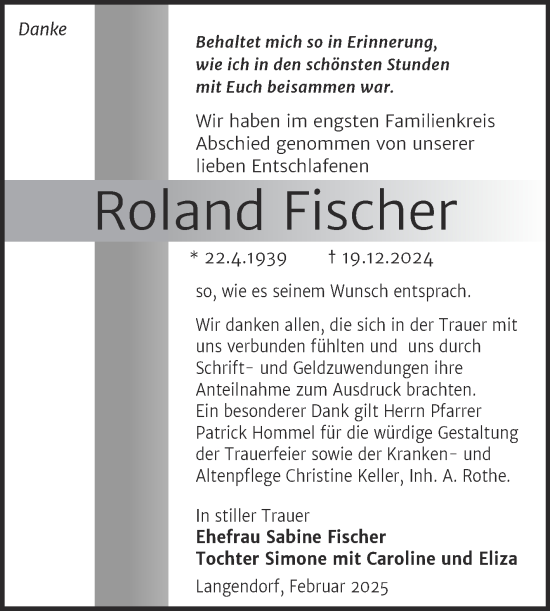 Traueranzeige von Roland Fischer von Trauerkombi Weißenfels