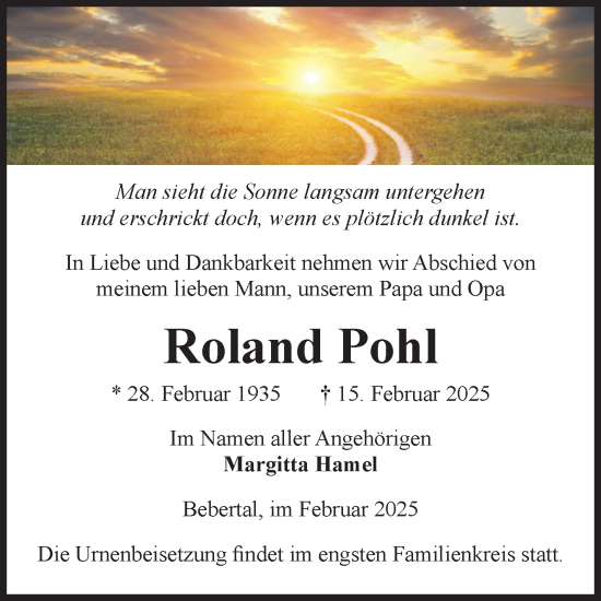 Traueranzeige von Roland Pohl von Volksstimme Haldensleben/Wolmirstedt