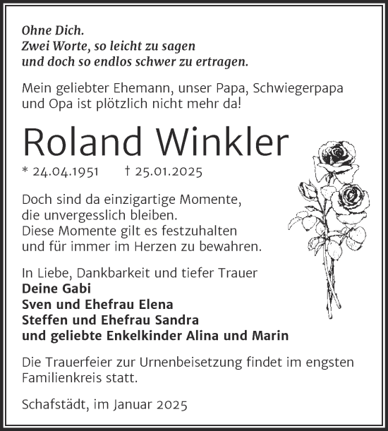 Traueranzeige von Roland Winkler von Trauerkombi Merseburg