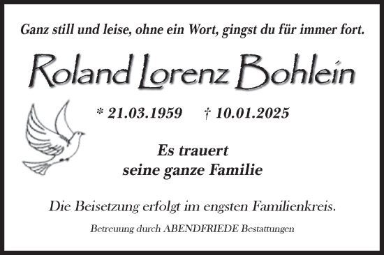 Traueranzeige von Roland Lorenz Bohlein von Volksstimme Haldensleben/Wolmirstedt