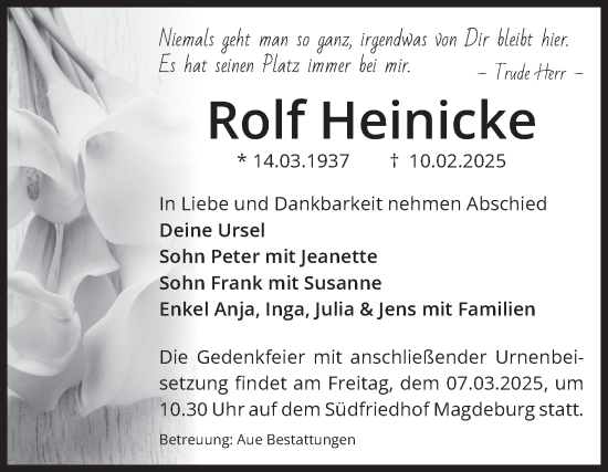 Traueranzeige von Rolf Heinicke von Volksstimme Magdeburg