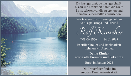 Traueranzeige von Rolf Kinscher von Volksstimme Burg/Genthin