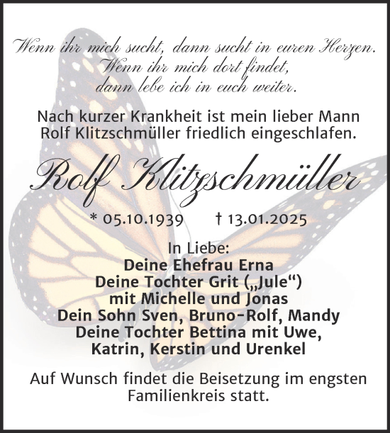 Traueranzeige von Rolf Klitzschmüller von SuperSonntag Bitterfeld