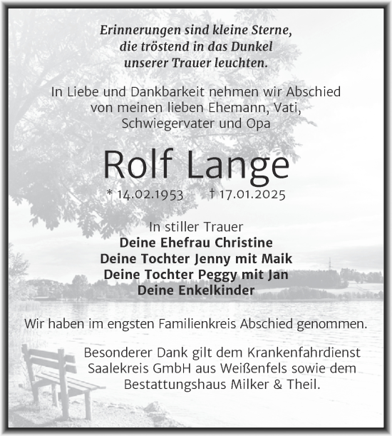 Traueranzeige von Rolf Lange von Trauerkombi Weißenfels