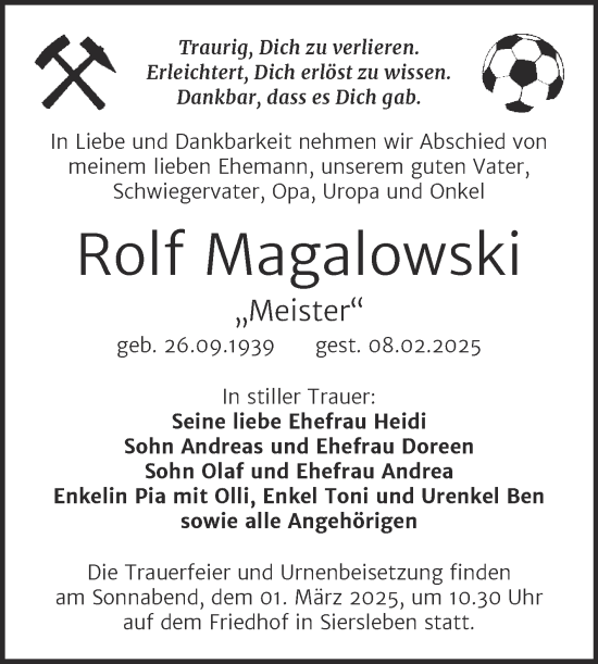 Traueranzeige von Rolf Magalowski von Trauerkombi Mansfelder Land