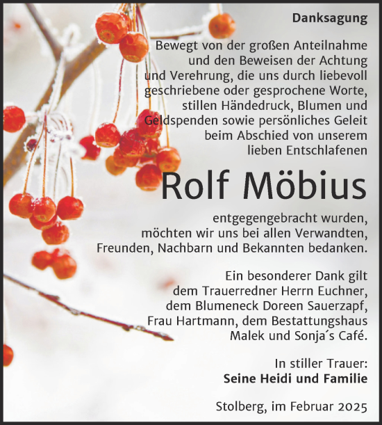 Traueranzeige von Rolf Möbius von Trauerkombi Sangerhausen