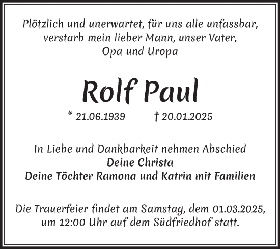 Traueranzeige von Rolf Paul von Volksstimme Magdeburg