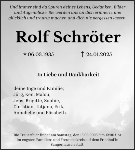 Traueranzeige von Rolf Schröter von Trauerkombi Sangerhausen