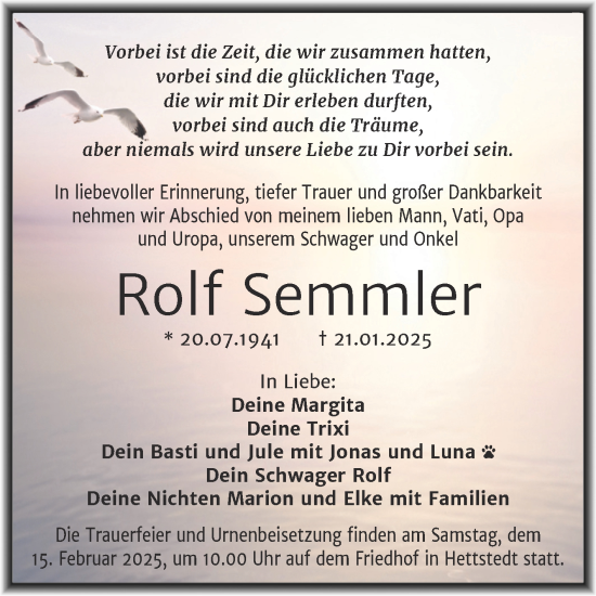 Traueranzeige von Rolf Semmler von Trauerkombi Mansfelder Land