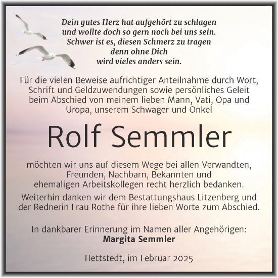 Traueranzeige von Rolf Semmler von Trauerkombi Mansfelder Land