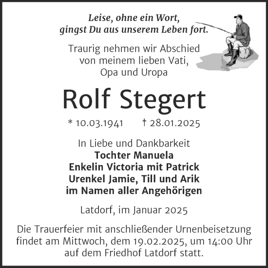 Traueranzeige von Rolf Stegert von Trauerkombi Bernburg