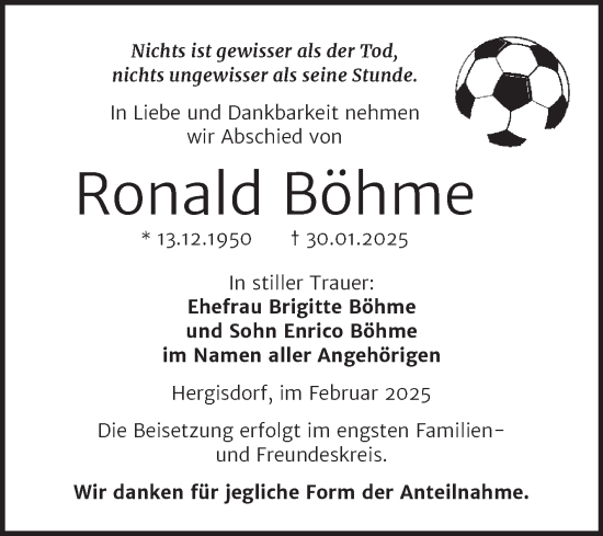 Traueranzeige von Ronald Böhme von Trauerkombi Mansfelder Land