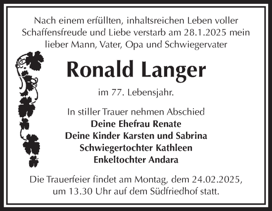 Traueranzeige von Ronald Langer von Volksstimme Magdeburg