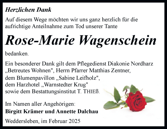 Traueranzeige von Rose-Marie Wagenschein von Trauerkombi Quedlinburg
