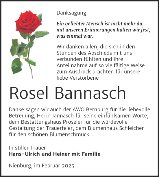 Traueranzeige von Rosel Bannasch von Trauerkombi Bernburg