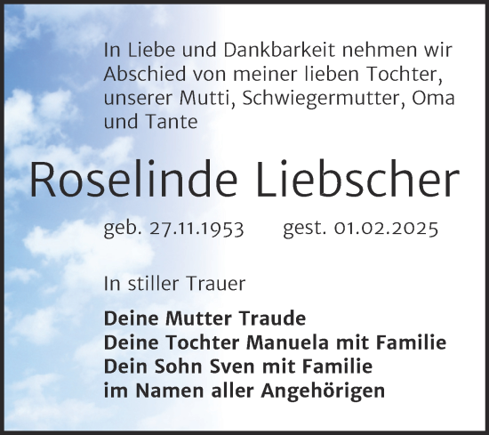 Traueranzeige von Roselinde Liebscher von Trauerkombi Bitterfeld