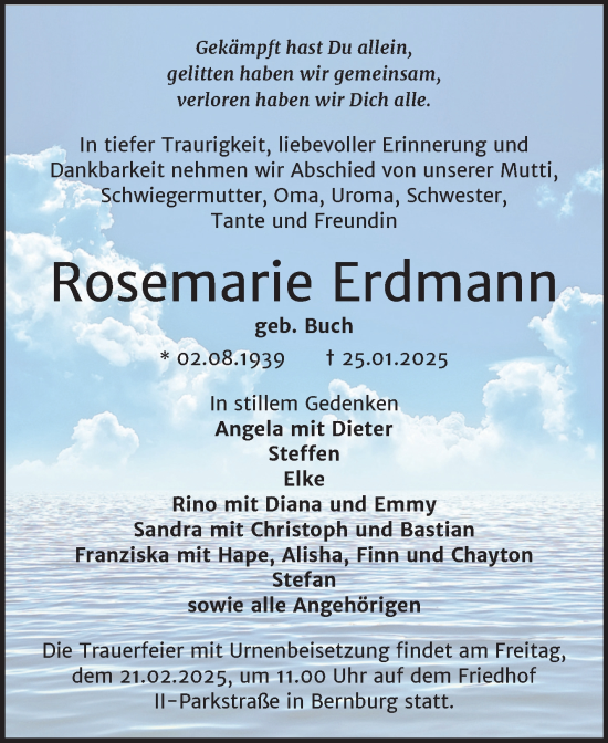Traueranzeige von Rosemarie Erdmann von Trauerkombi Bernburg