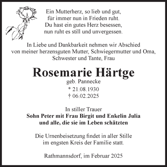 Traueranzeige von Rosemarie Härtge von Volksstimme Staßfurt