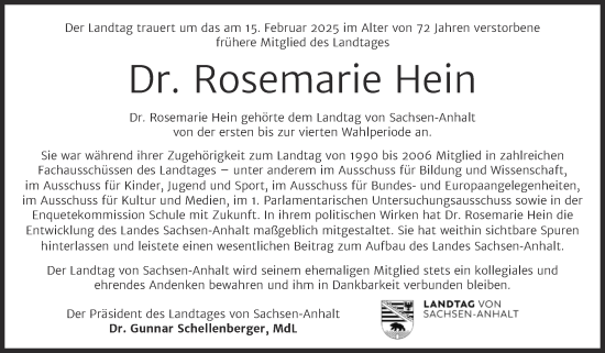 Traueranzeige von Rosemarie Hein 