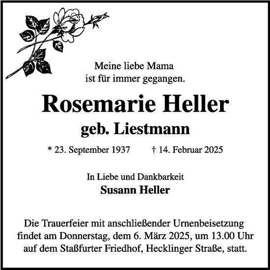 Traueranzeige von Rosemarie Heller 