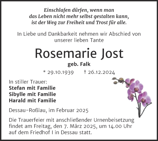 Traueranzeige von Rosemarie Jost von Trauerkombi Dessau