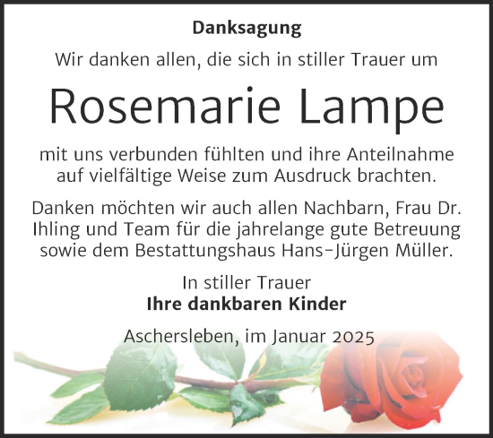 Traueranzeige von Rosemarie Lampe von Trauerkombi Aschersleben