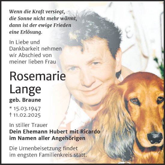 Traueranzeige von Rosemarie Lange von Trauerkombi Merseburg