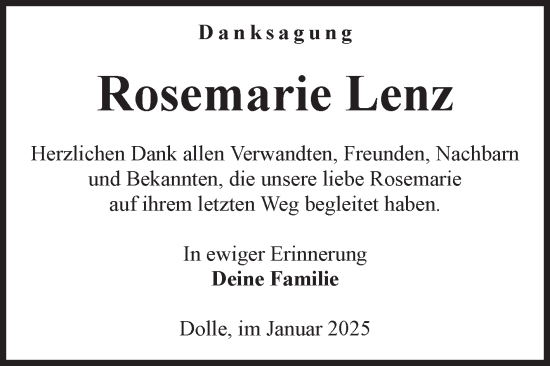 Traueranzeige von Rosemarie Lenz von Volksstimme Haldensleben/Wolmirstedt