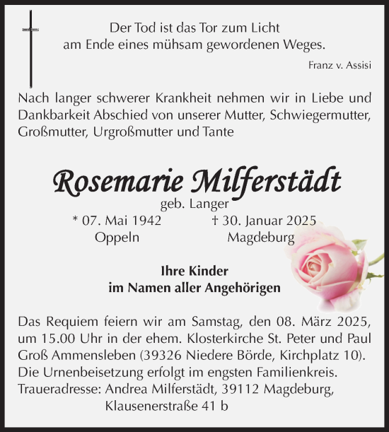 Traueranzeige von Rosemarie Milferstädt von Volksstimme Haldensleben/Wolmirstedt