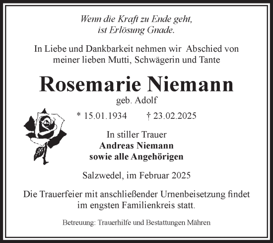 Traueranzeige von Rosemarie Niemann von Volksstimme Altmark West