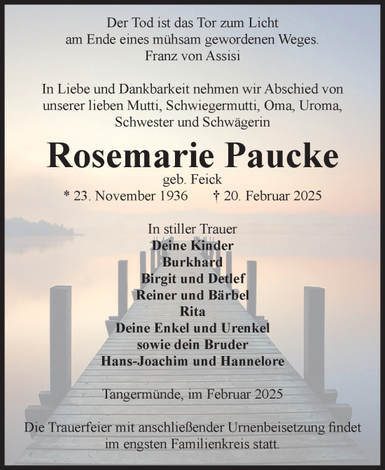 Traueranzeige von Rosemarie Paucke von Volksstimme Altmark Ost