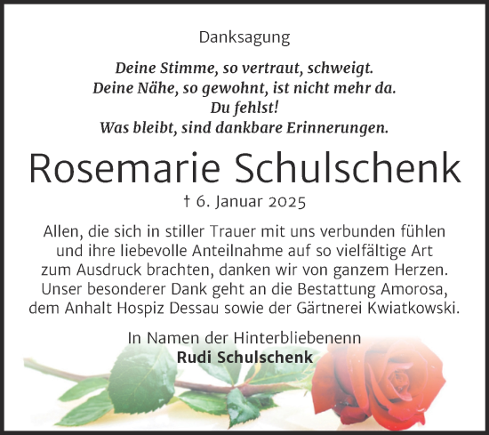 Traueranzeige von Rosemarie Schulschenk von Trauerkombi Dessau