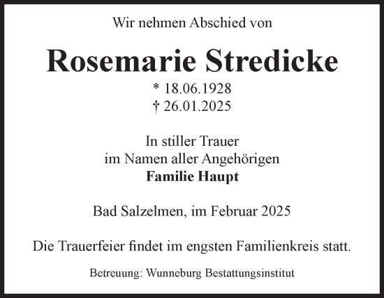 Traueranzeige von Rosemarie Stredicke von Volksstimme Schönebeck