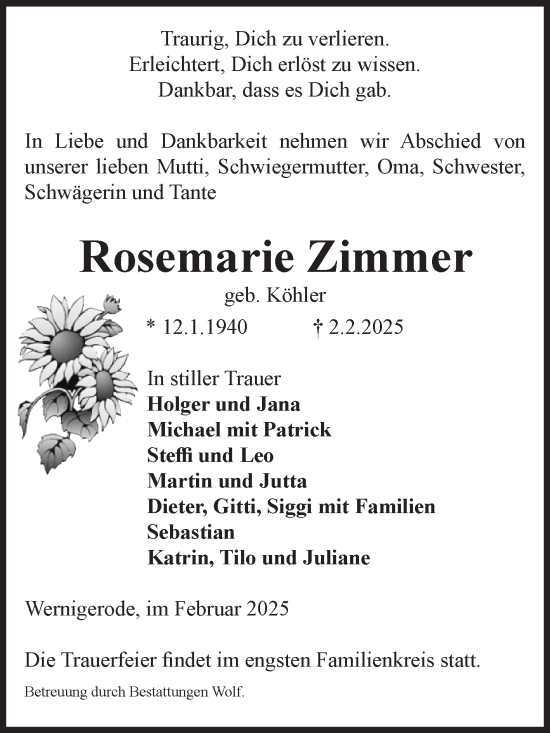 Traueranzeige von Rosemarie Zimmer von Volksstimme Wernigerode