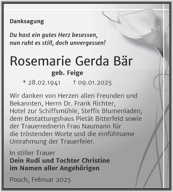 Traueranzeige von Rosemarie Gerda Bär von Trauerkombi Bitterfeld