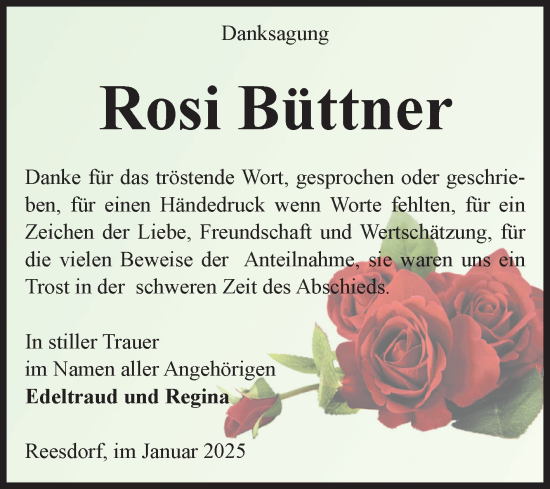 Traueranzeige von Rosi Büttner von Volksstimme Burg/Genthin