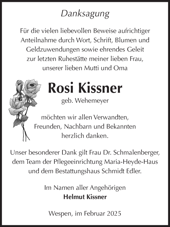 Traueranzeige von Rosi Kissner von Volksstimme Schönebeck