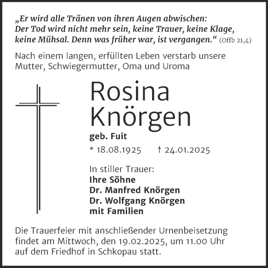 Traueranzeige von Rosina Knörgen von Mitteldeutsche Zeitung Halle/Saalkreis