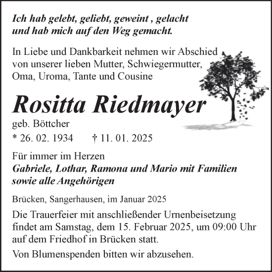 Traueranzeige von Rositta Riedmayer von Trauerkombi Sangerhausen