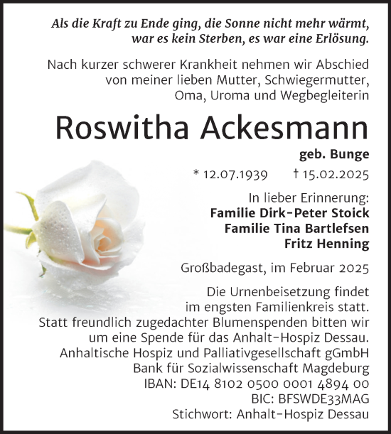 Traueranzeige von Roswitha Ackesmann von Trauerkombi Köthen