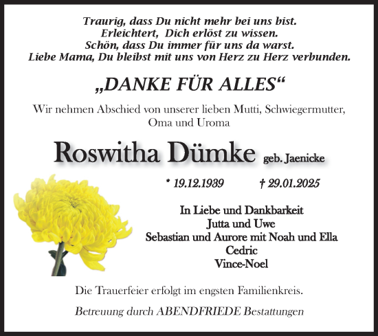 Traueranzeige von Roswitha Dümke von Volksstimme Haldensleben/Wolmirstedt