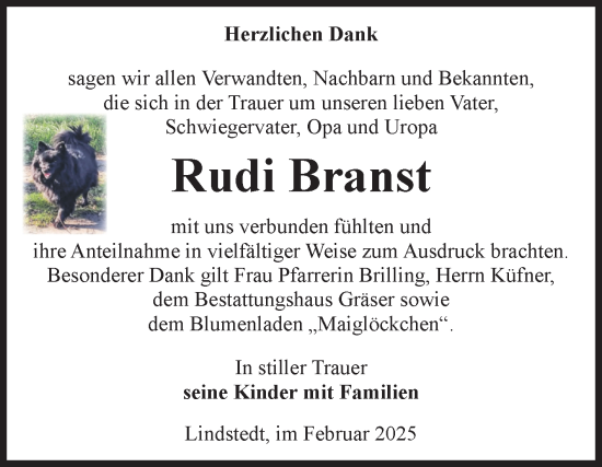 Traueranzeige von Rudi Branst von Volksstimme Altmark Ost