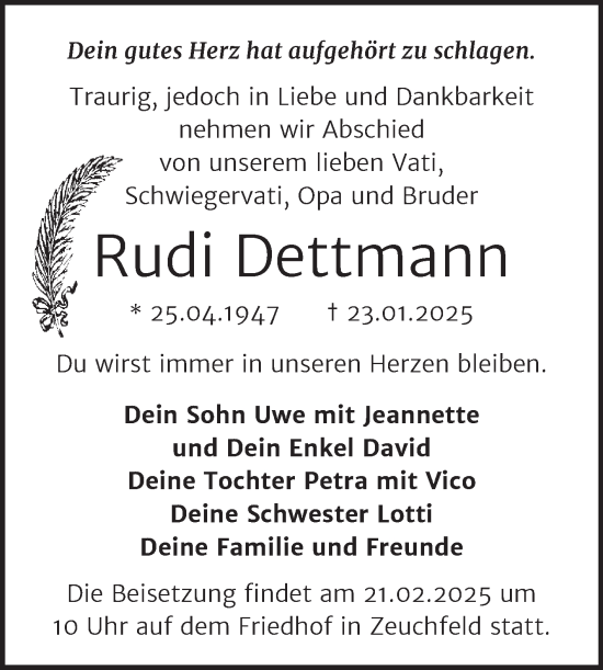 Traueranzeige von Rudi Dettmann von Super Sonntag Naumburg/Nebra